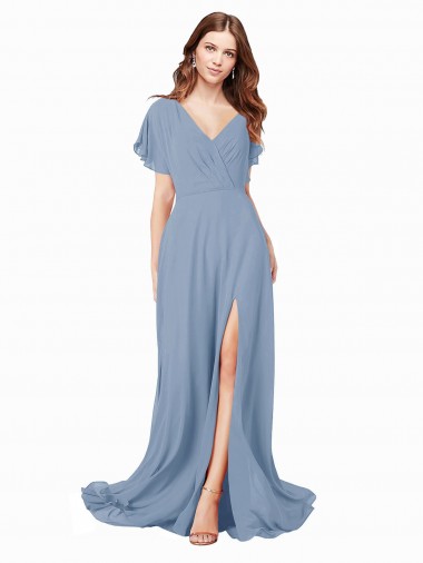Soft Chiffon A-Line Long Cap Sleeves Black Tie Prom Dress / Bridesmaid Dress Cairns