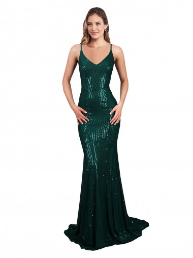 Sequin Mermaid Long Sleeveless Low Back Dark Green Prom Dresses Cairns