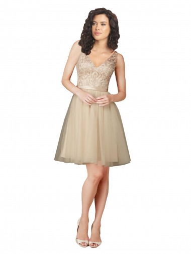 Tulle & Lace A-Line Knee Length Sleeveless V-Back Champagne Bridesmaid Dresses Cairns